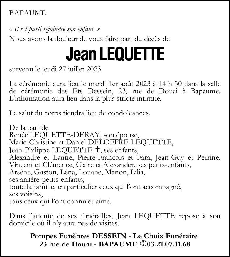 Avis de décès - Monsieur Jean LEQUETTE