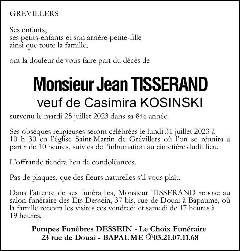 Avis de décès - Monsieur Jean TISSERAND