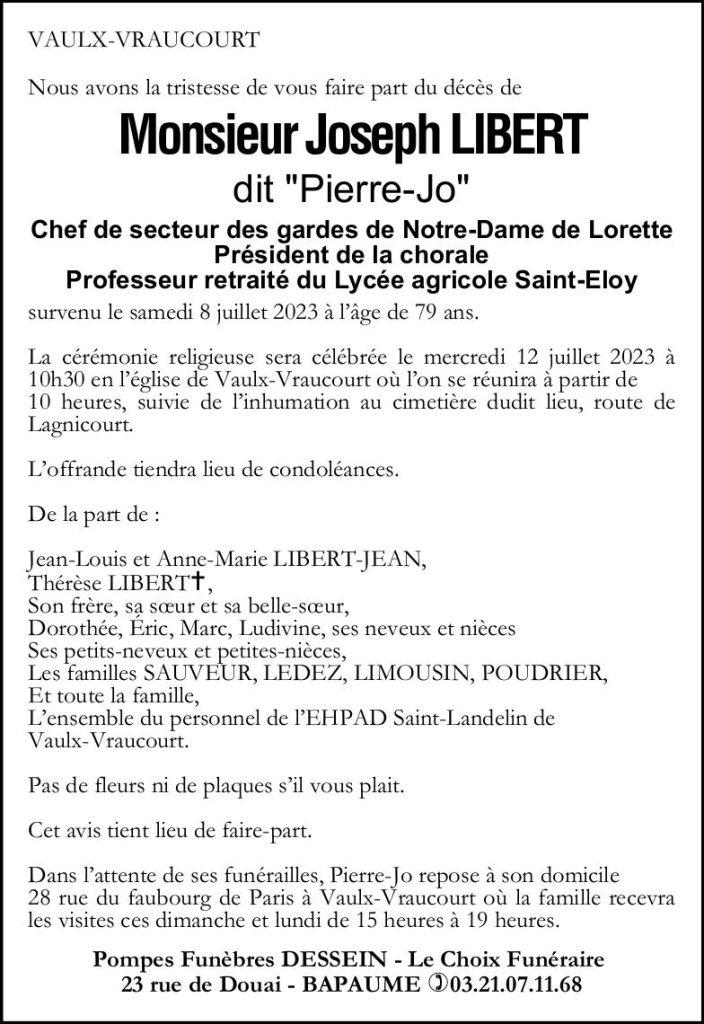 Avis de décès - Monsieur Joseph LIBERT