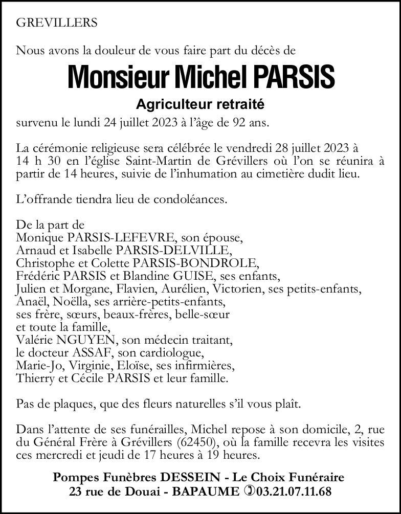 Avis de décès - Monsieur Michel PARSIS