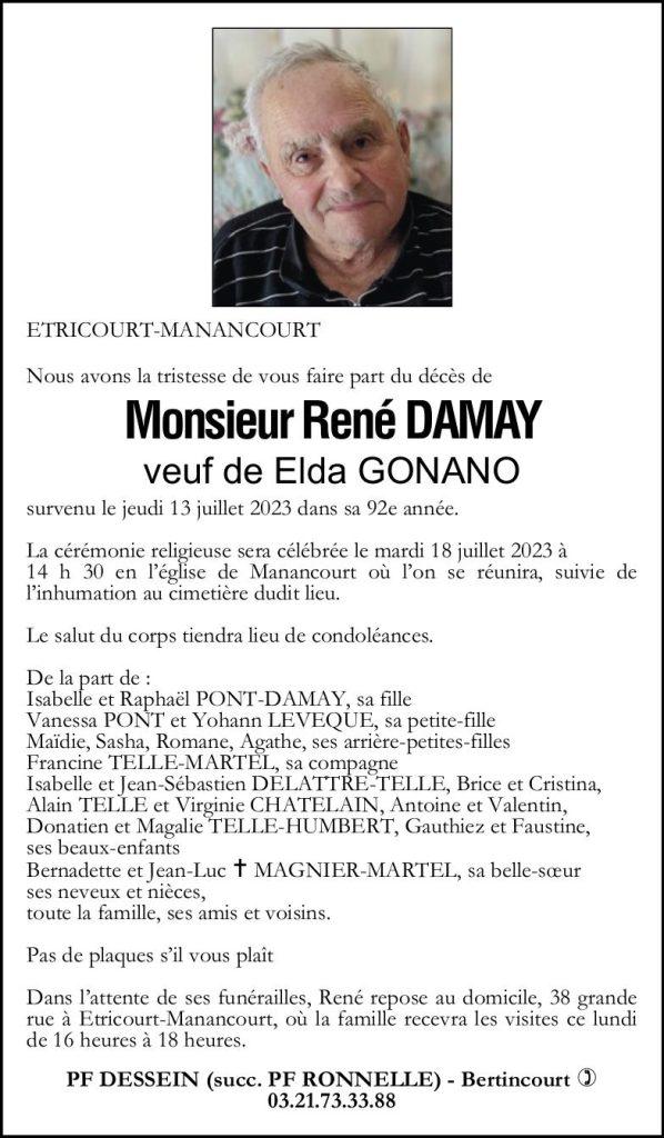 Avis de décès - Monsieur René DAMAY(1)