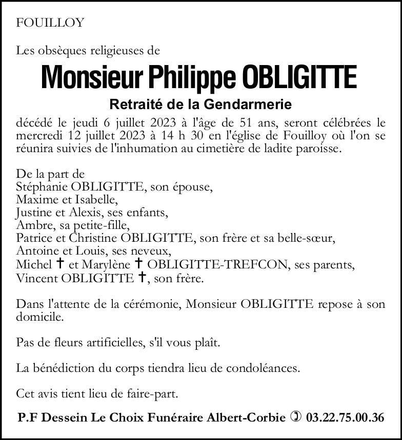 Avis de décès Philippe OBLIGITTE