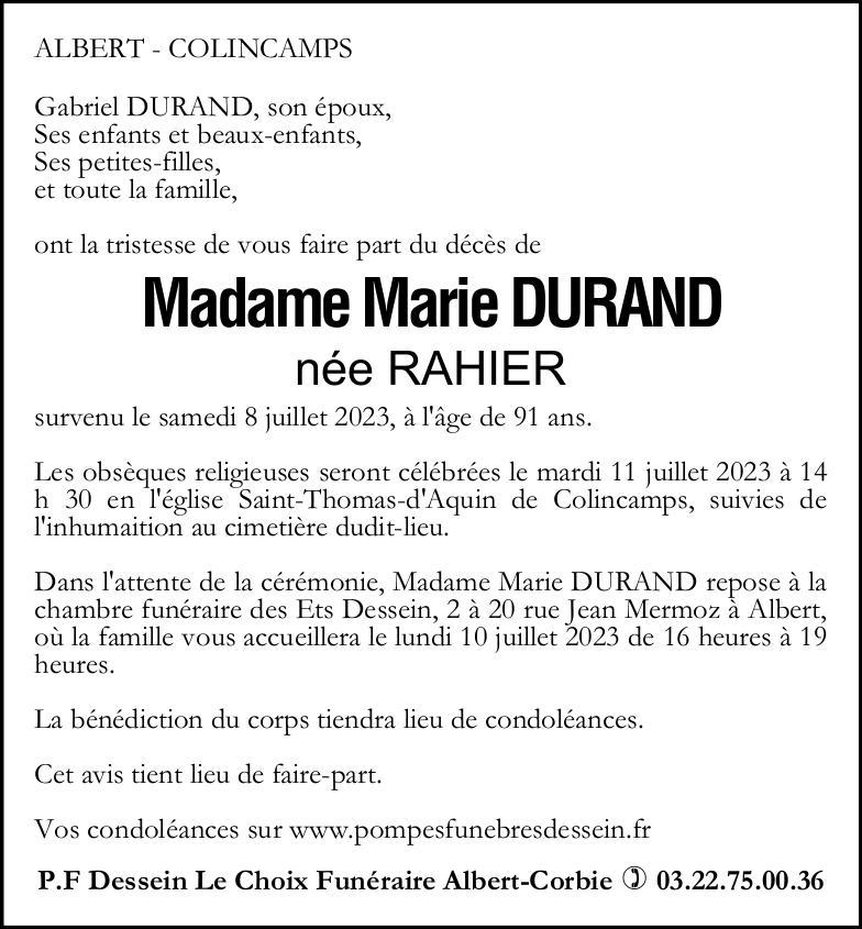Avis de décès de Madame Marie DURAND née RAHIER