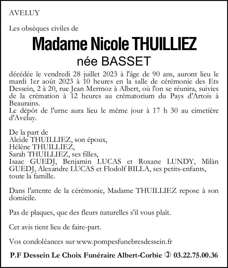 Avis de décès de Madame Nicole THUILLIEZ née BASSET