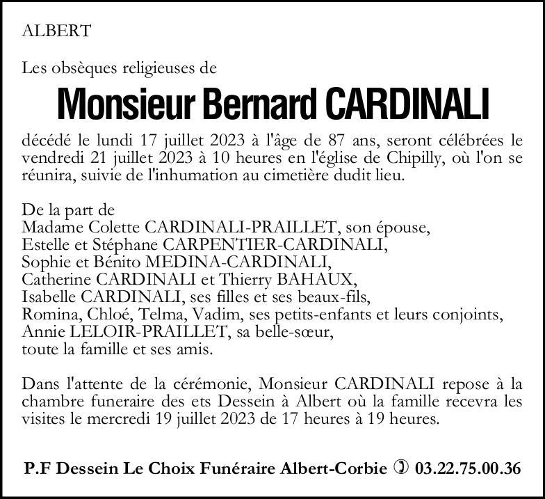 Avis de décès de Monsieur Bernard CARDINALI