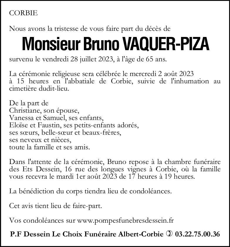 Avis de décès de Monsieur Bruno VAQUER-PIZA
