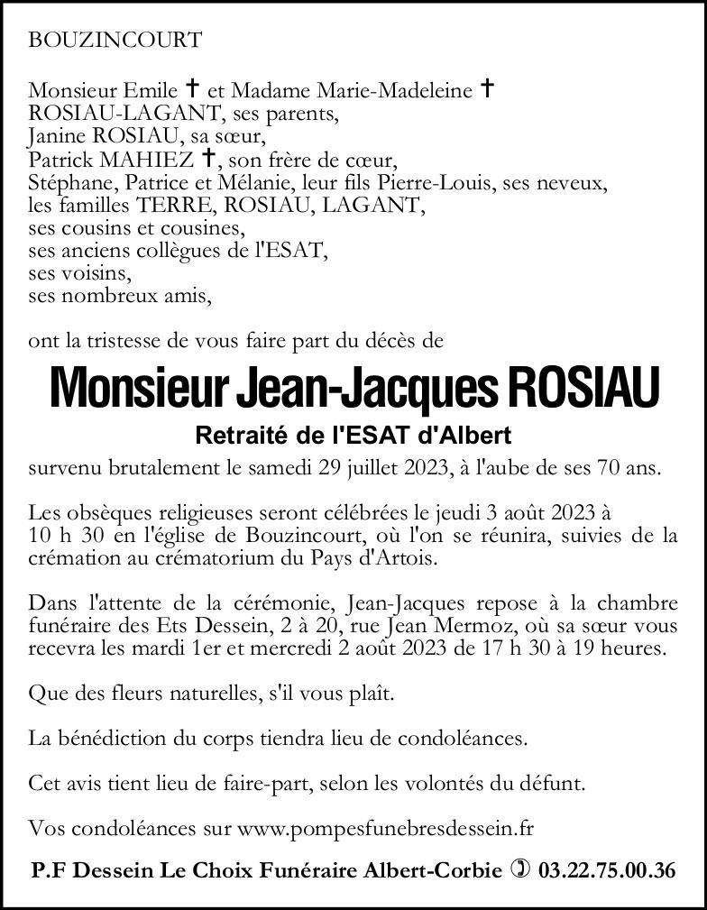 Avis de décès de Monsieur Jean-Jacques ROSIAU