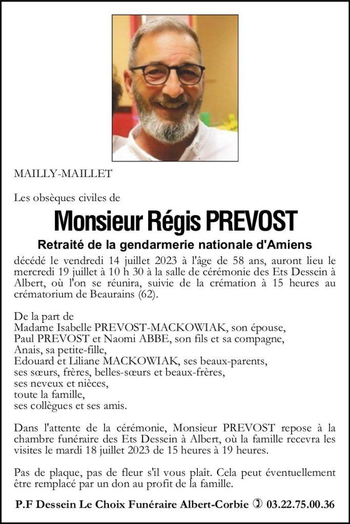 Avis de décès de Monsieur Régis PREVOST