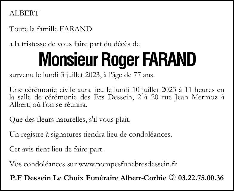 Avis de décès de Monsieur Roger FARAND