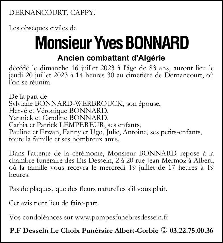 Avis de décès de Monsieur Yves BONNARD