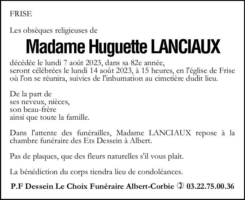 Avis de décès Huguette LANCIAUX