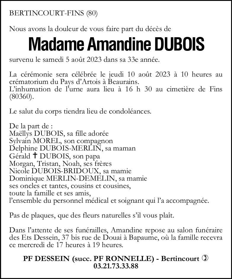 Avis de décès - Madame Amandine DUBOIS