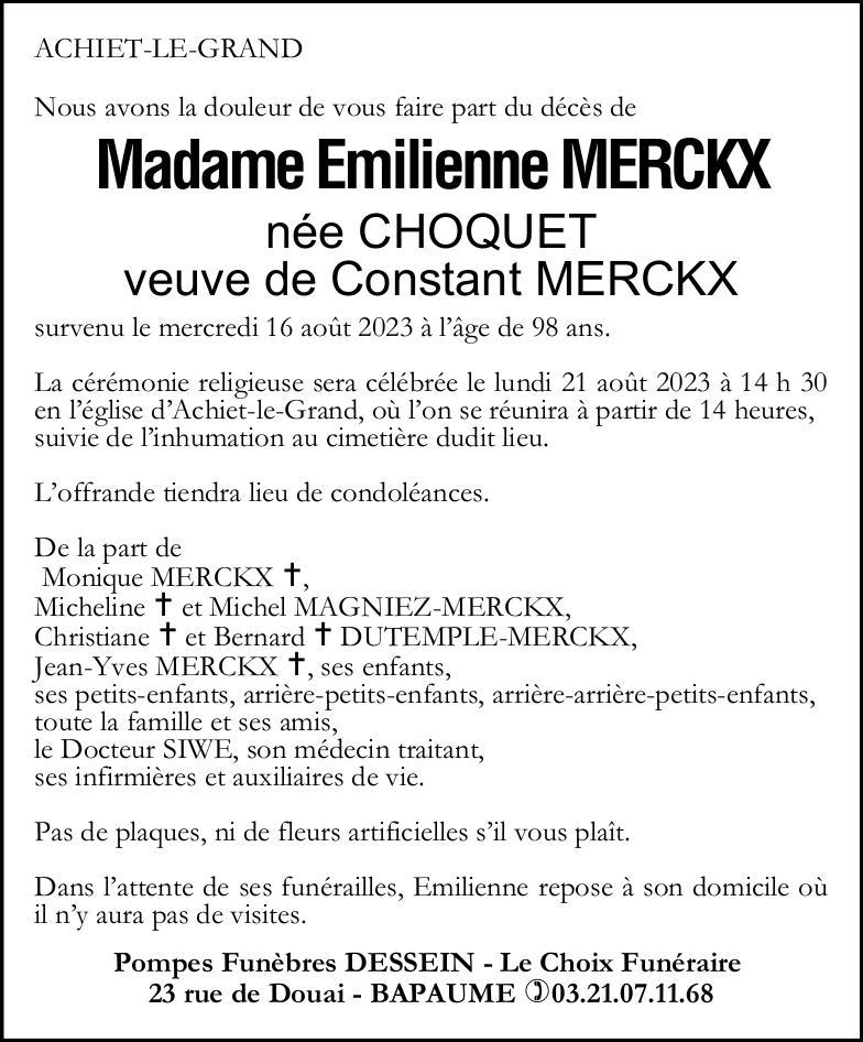 Avis de décès - Madame Emilienne MERCKX née CHOQUET