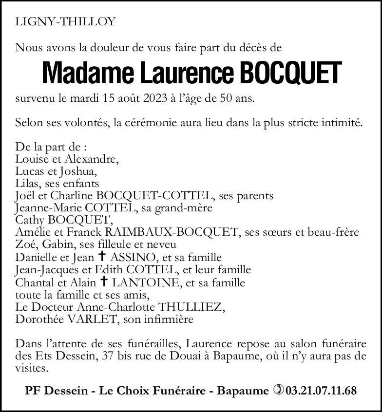 Avis de décès - Madame Laurence BOCQUET