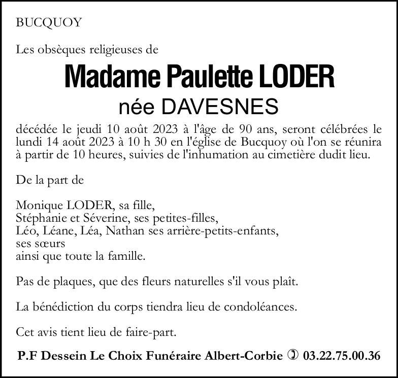 Avis de décès Mme Paulette LODER