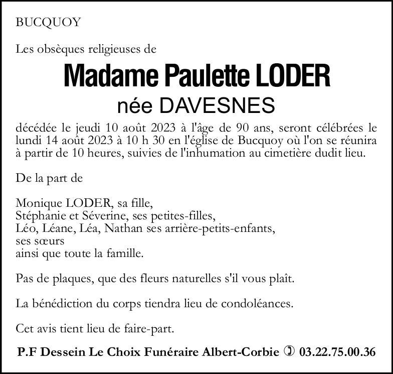 Avis de décès Mme Paulette LODER