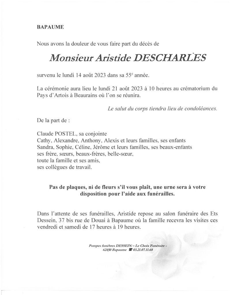 Avis de décès - Monsieur Aristide DESCHARLES