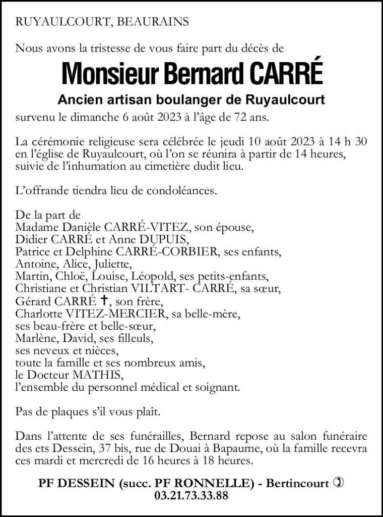 Avis de décès - Monsieur Bernard CARRE