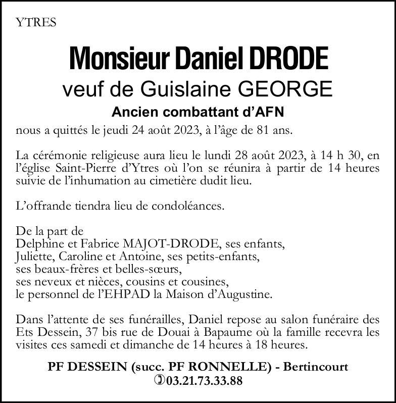 Avis de décès - Monsieur Daniel DRODE