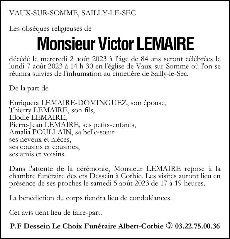 Avis de décès Victor LEMAIRE