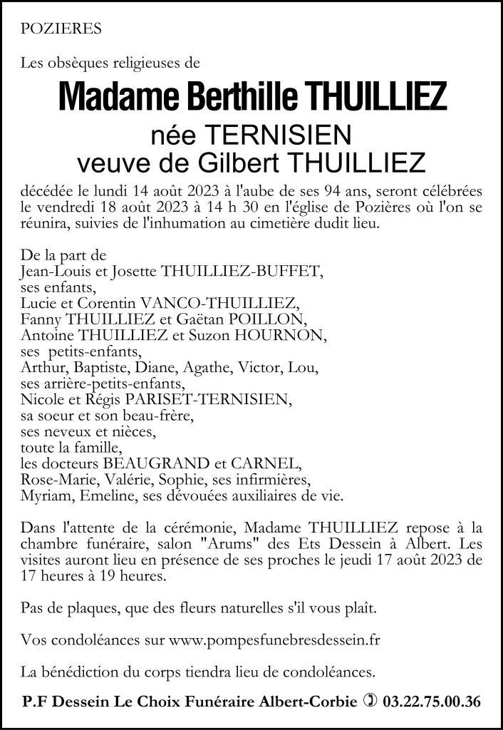 Avis de décès de Madame Berthille THUILLIEZ née TERNISIEN