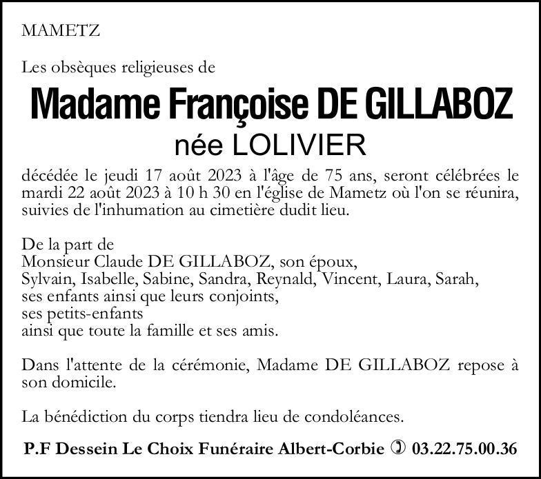 Avis de décès de Madame Françoise DE GILLABOZ née LOLIVIER
