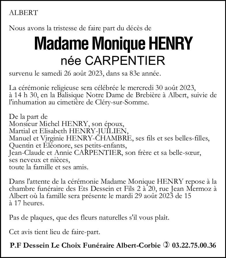 Avis de décès de Madame Monique HENRY née CARPENTIER