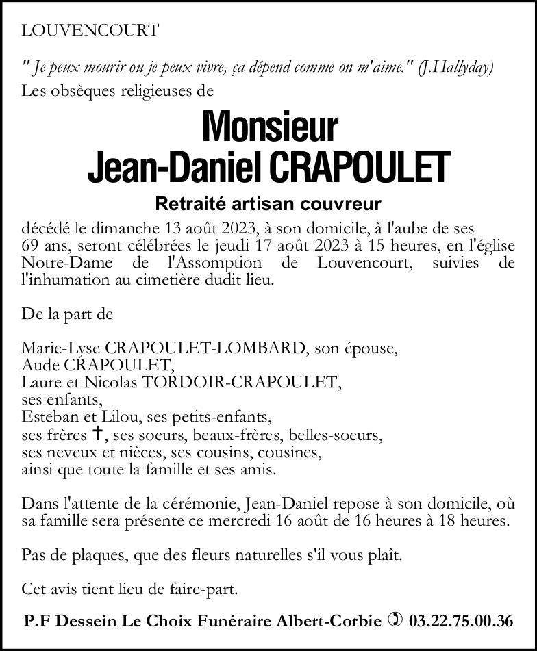 Avis de décès de Monsieur Jean-Daniel CRAPOULET