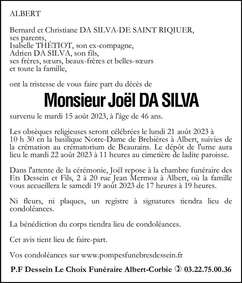Avis de décès de Monsieur Joël DA SILVA