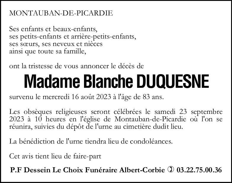 Avis de décès Blanche DUQUESNE
