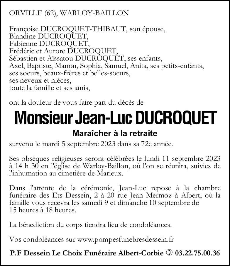 Avis de décès Jean-Luc DUCROQUET