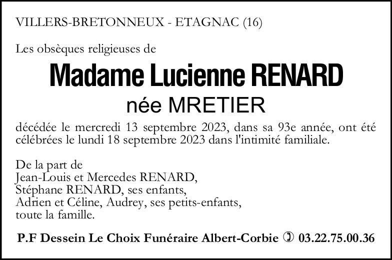 Avis de décès Lucienne RENARD