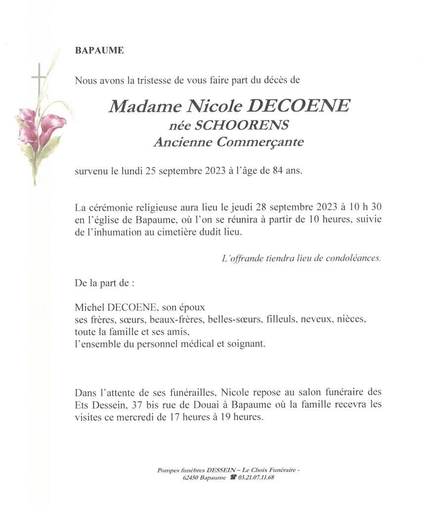Avis de décès - Madame Nicole DECOENE née SCHOORENS (2)
