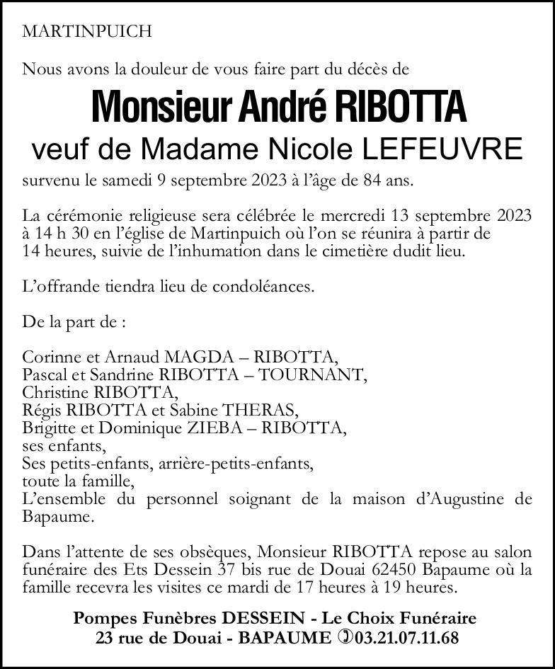 Avis de décès - Monsieur André RIBOTTA
