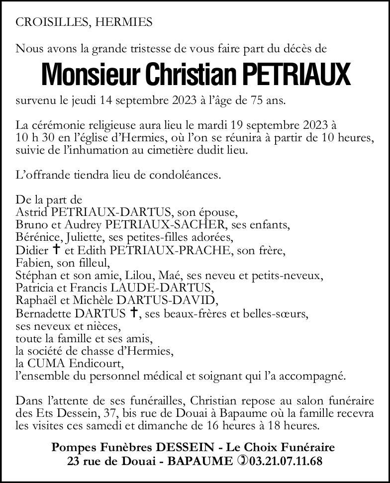 Avis de décès - Monsieur Christian PETRIAUX(1)