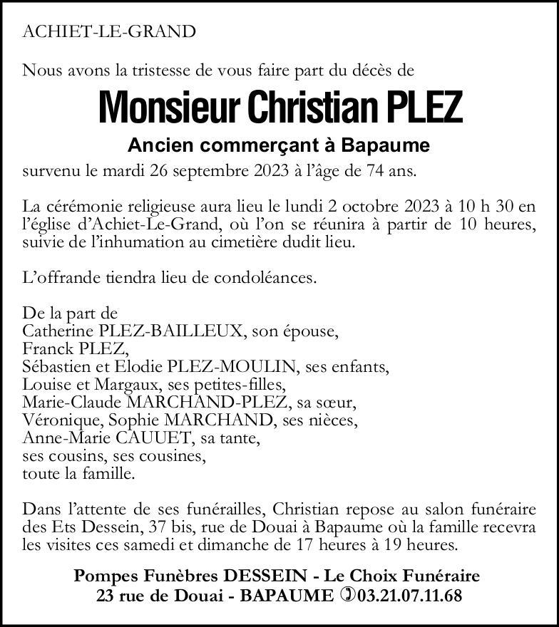 Avis de décès - Monsieur Christian PLEZ