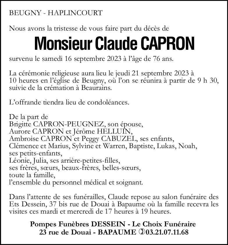 Avis de décès - Monsieur Claude CAPRON