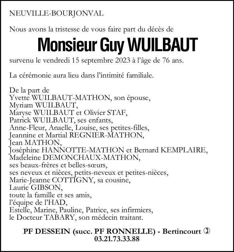 Avis de décès - Monsieur Guy WUILBAUT