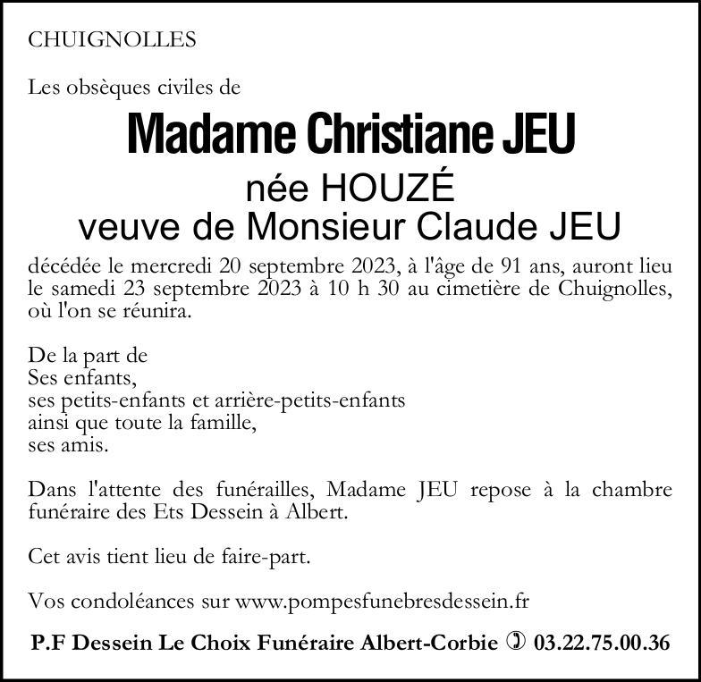 Avis de décès de Madame Christiane JEU née HOUZÉ