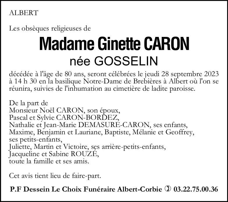 Avis de décès de Madame Ginette CARON née GOSSELIN