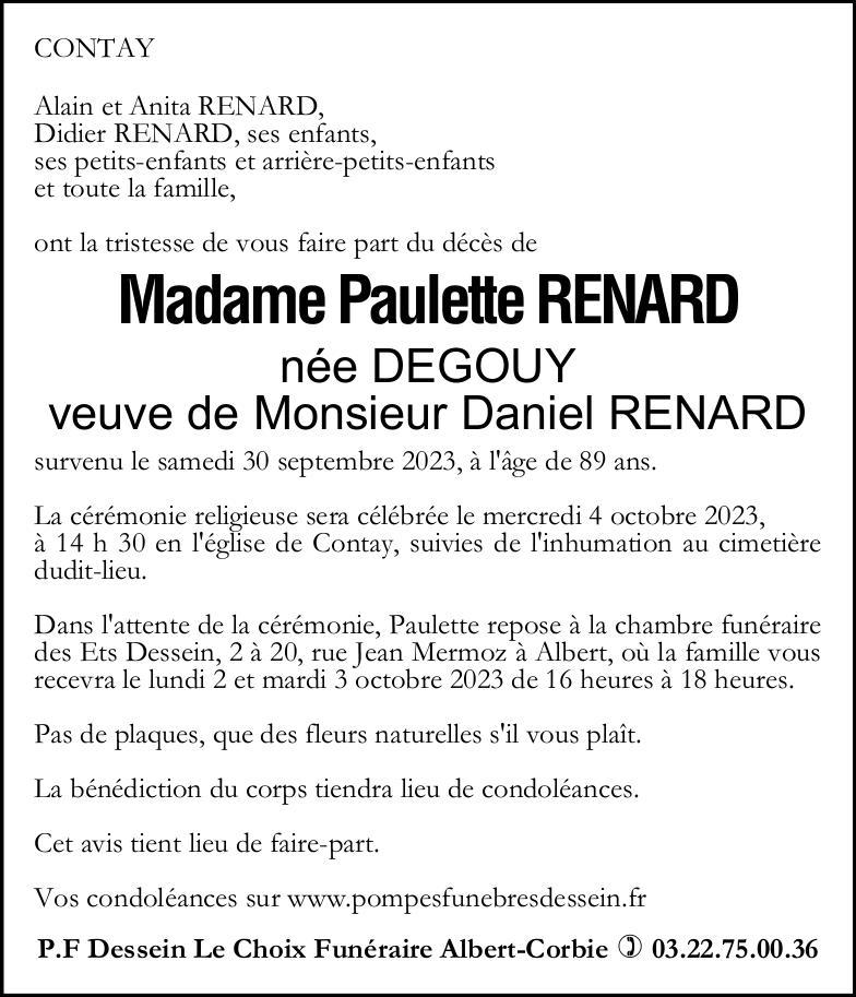 Avis de décès de Madame Paulette RENARD née DEGOUY