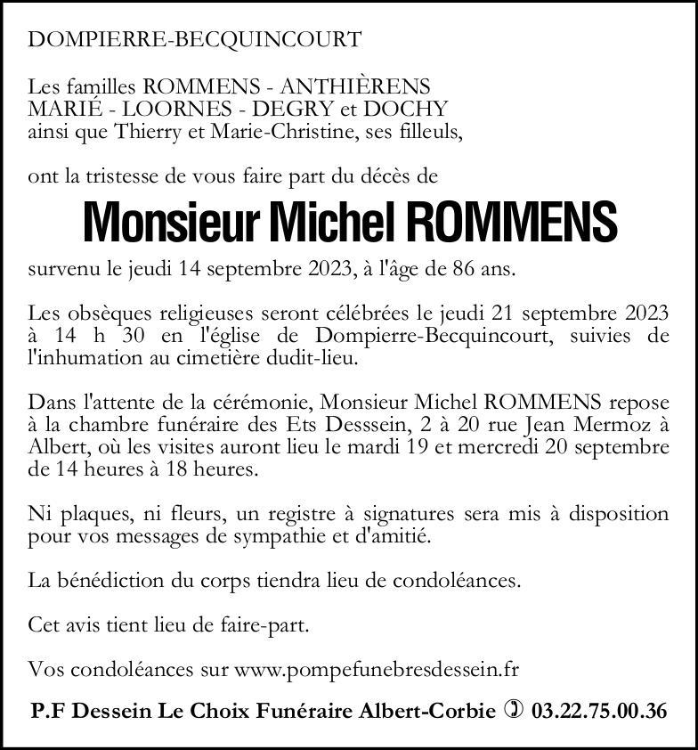 Avis de décès de Monsieur Michel ROMMENS