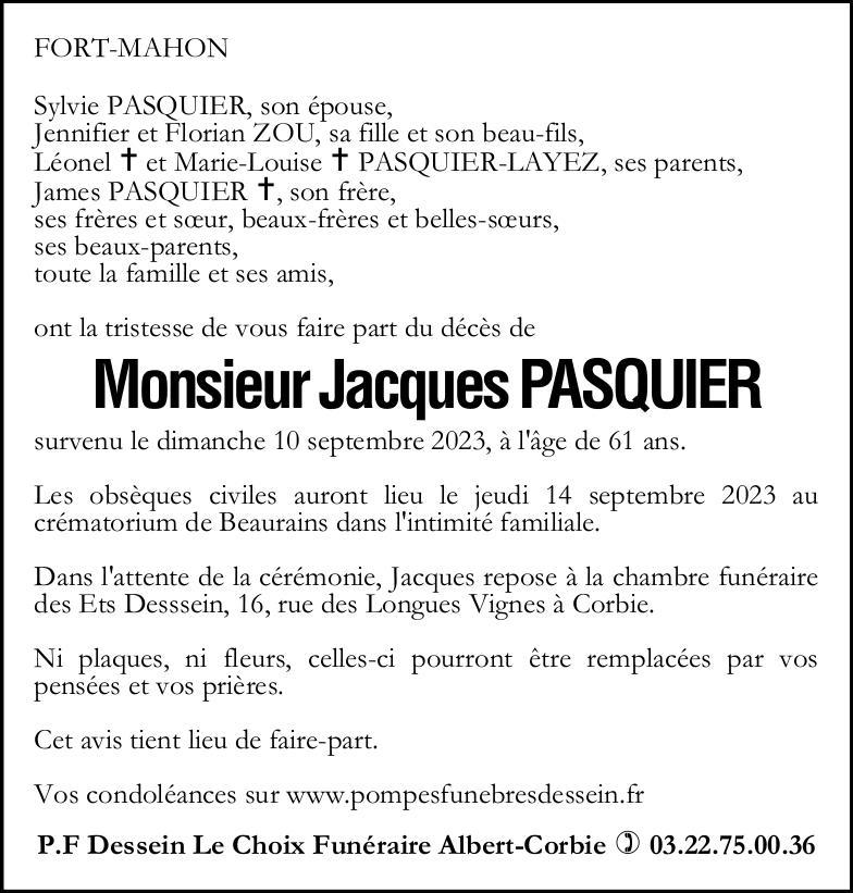 Avis de décès de Monsieur Jacques PASQUIER