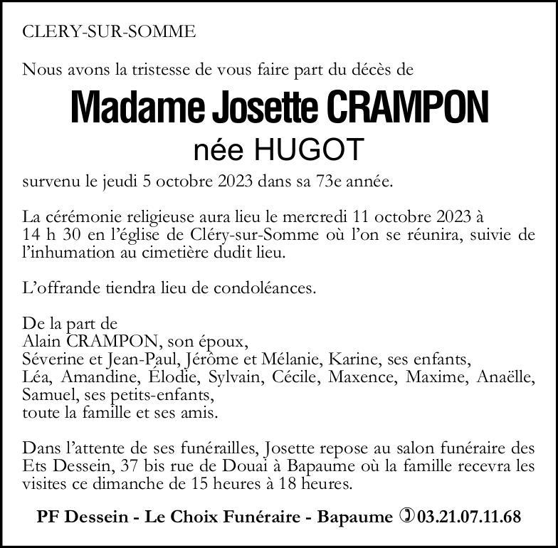 Avis de décès - Madame Josette CRAMPON née HUGOTAvis de décès - Madame Josette CRAMPON née HUGOT