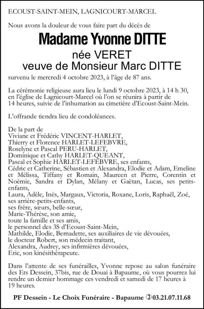 Avis de décès - Madame Yvonne DITTE née VERET