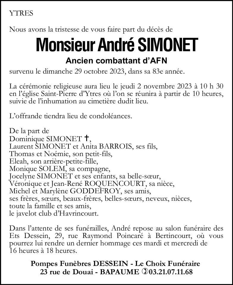 Avis de décès - Monsieur André SIMONET