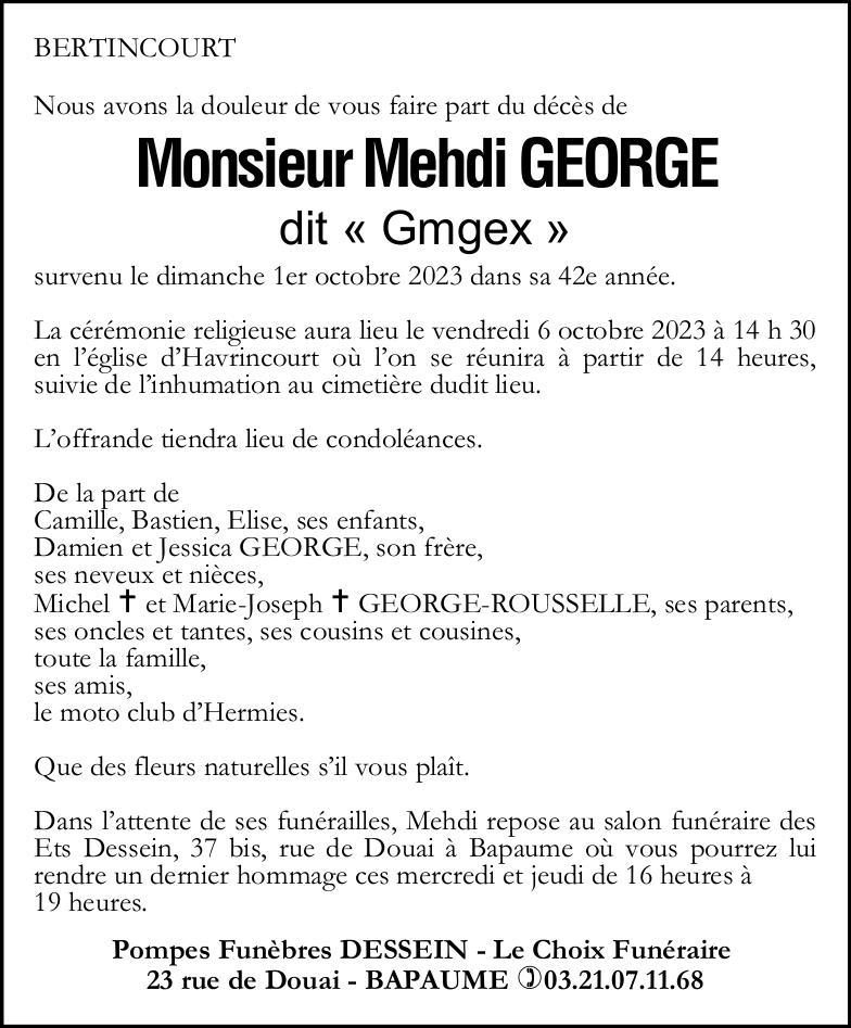 Avis de décès - Monsieur Mehdi GEORGE