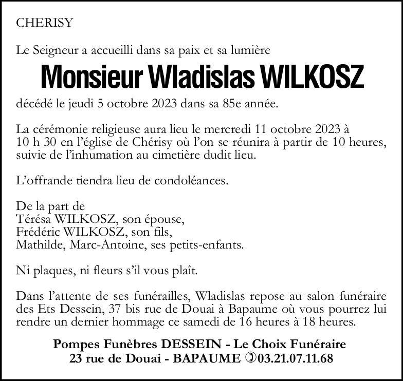 Avis de décès - Monsieur Wladislas WILKOSZ.