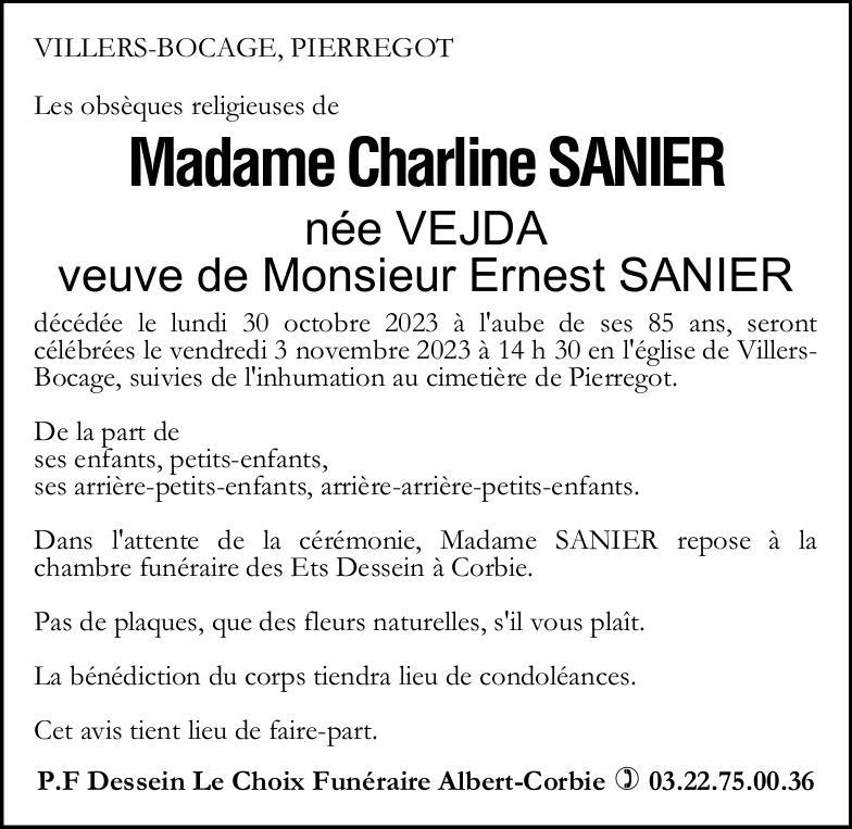 Avis de décès de Madame Charline SANIER née VEJDA