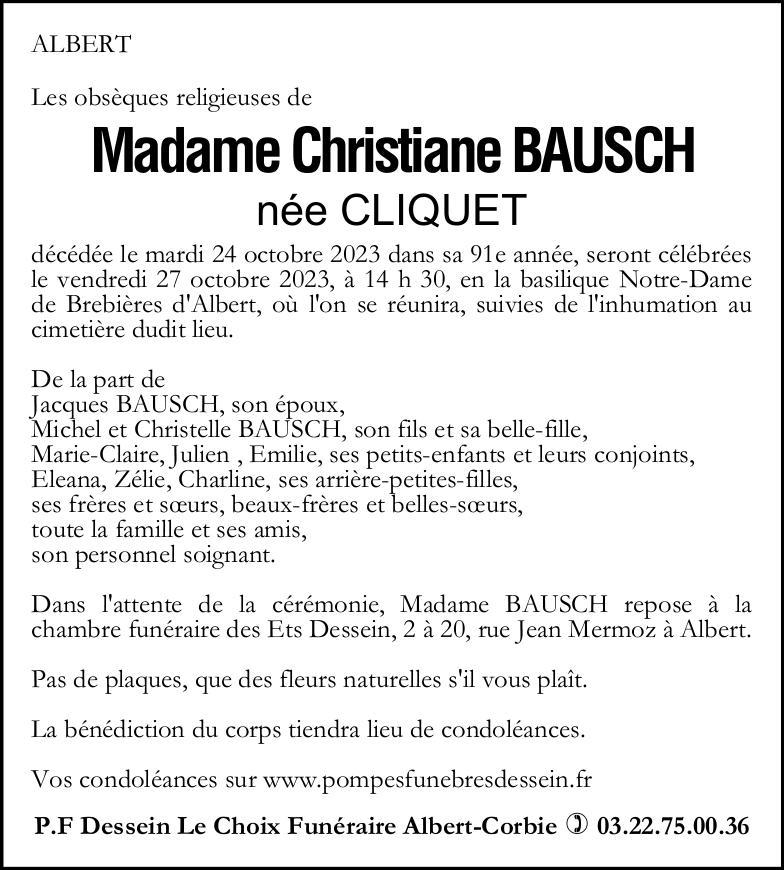 Avis de décès de Madame Christiane BAUSCH née CLIQUET